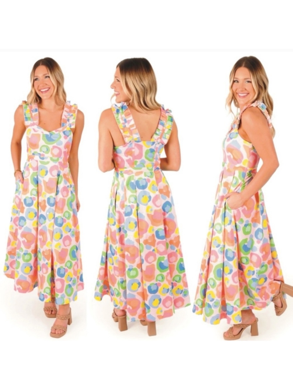 Sleeveless Multicolor Pastel Print Maxi Dress with Ruffle Straps
